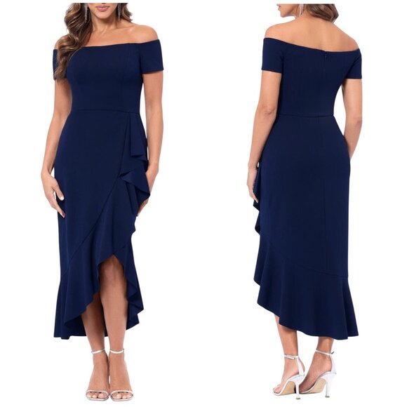 New Xscape Evenings Off the Shoulder Midi Cocktail Dress in Navy Size 12 - Picture 1 of 11